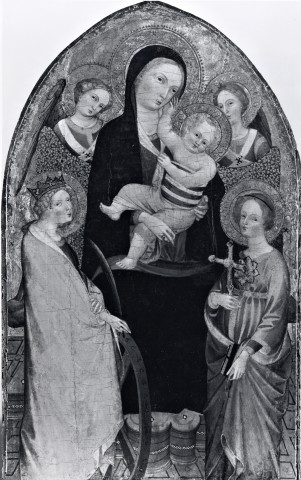 Anonimo — Maestro del 1399 (Giovanni di Tano Fei) - sec. XIV/ XV - Madonna con Bambino in trono tra santa Caterina d'Alessandria, una santa e angeli — insieme